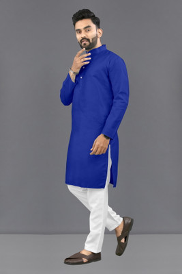 kanha creation Men Solid Straight Kurta(Blue)