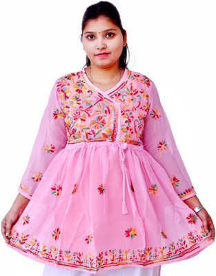 Ah creation Women Chikan Embroidery Ethnic Dress Kurta(Pink)