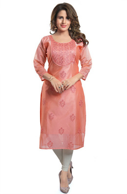 Dream & Dzire Women Embroidered Straight Kurta(Pink)