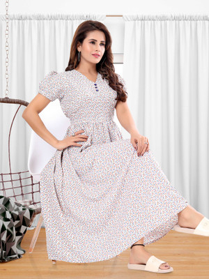 RibNee Women Self Design Flared Kurta(White)