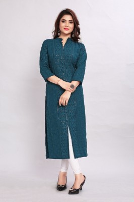 KURTISHAALA Women Self Design Straight Kurta(Blue)