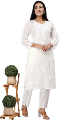 pesas Women Self Design, Chikan Embroidery Straight Kurta(White)