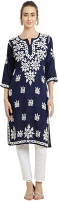 FAWOMENT Women Printed Straight Kurta(Blue)