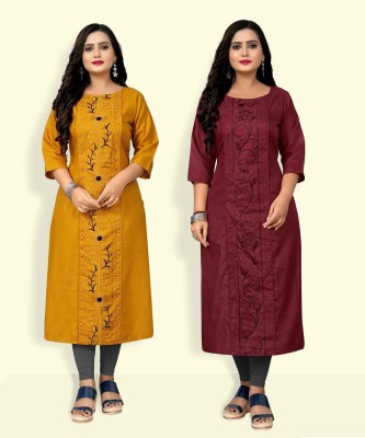 VIVIDH CREATIONS Women Embroidered Straight Kurta(Maroon, Yellow)