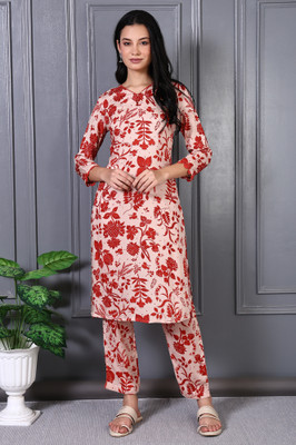 W Women Floral Print A-line Kurta(Pink, Red)