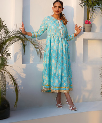 LIBAS Women Printed Flared Kurta(Blue)