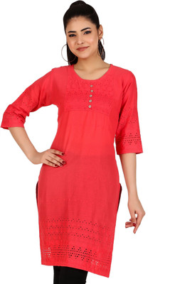 LEEZA Women Chikan Embroidery, Embroidered Straight Kurta(Red)
