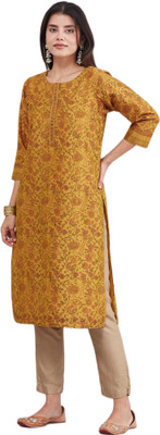 Fabindia Women Printed Straight Kurta(Yellow)