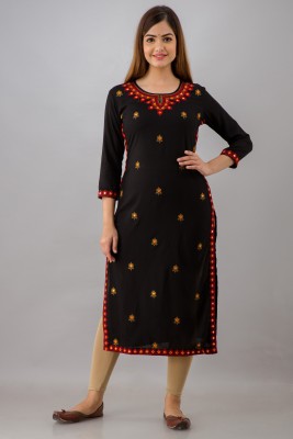 FASHION DEPTH Women Embroidered Straight Kurta(Black)