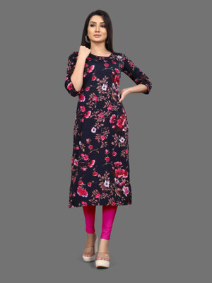 BLACKBIRD Women Polka Print Straight Kurta(Dark Blue, Pink)