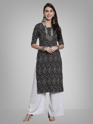 EthnicBasket Women Printed Straight Kurta(Black)