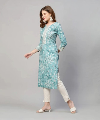 LDK Women Printed Straight Kurta(Blue)