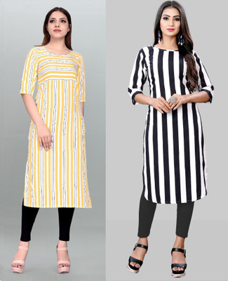 maruti fab Women Striped, Printed A-line Kurta(Yellow, White)