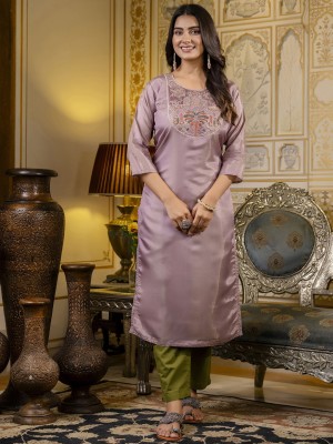 VredeVogel Women Solid Straight Kurta(Purple)