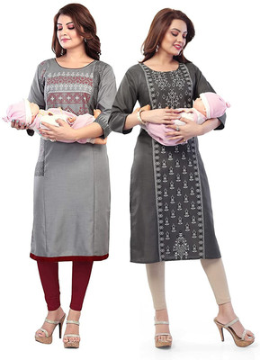 Mom&bae Women Printed Straight Kurta(Grey, Black, Red)