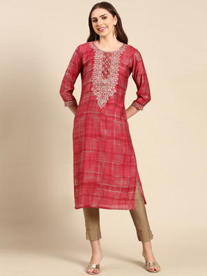 SHOWOFFFF Women Embellished Straight Kurta(Red, Gold)