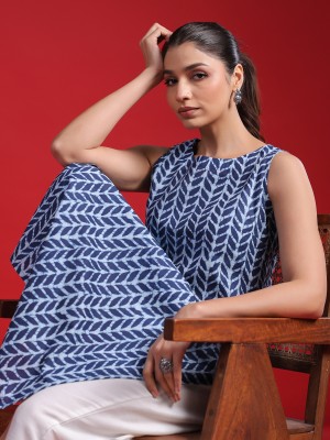 Indo Era Women Printed Straight Kurta(Dark Blue, Light Blue)