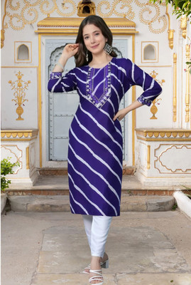 Wawlooks Women Printed Straight Kurta(Blue, White)