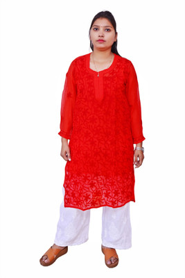 Ah creation Women Chikan Embroidery Ethnic Dress Kurta(Red)