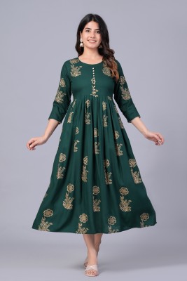 Fashioncutz Women Block Print Anarkali Kurta(Green)