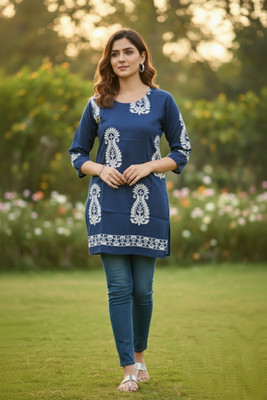 sanaAura Women Embroidered, Chikan Embroidery, Embellished Straight Kurta(Dark Blue)