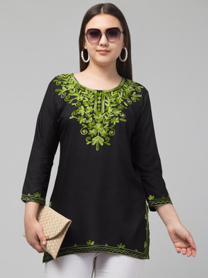 MADHA Women Chikan Embroidery A-line Kurta(Black)