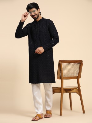 Rawayi Men Chikan Embroidery Straight Kurta(Dark Blue)