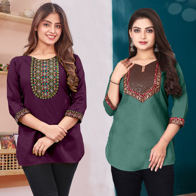 FSR Women Solid A-line Kurta(Purple, Green)