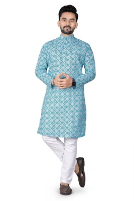 MANIMANN Men Printed Straight Kurta(Light Blue, White)