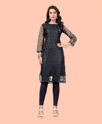 Manthan Creation Women Chikan Embroidery A-line Kurta(Black)