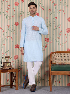House of Pataudi Men Embroidered Straight Kurta(Blue)