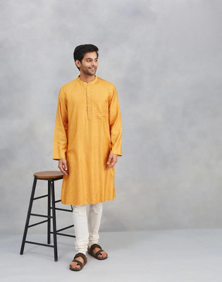 Fabindia Men Self Design Straight Kurta(Yellow)
