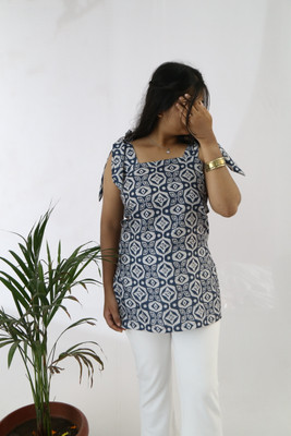 aanzri Women Printed A-line Kurta(Dark Blue)