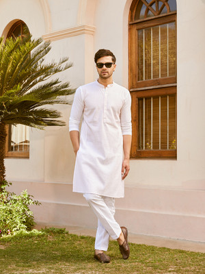 See Designs Men Striped Straight Kurta(White)