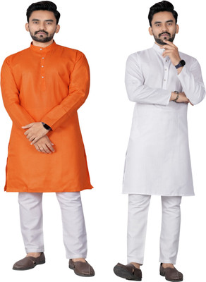 DHASU TRENDZ Men Solid Straight Kurta(Orange, White)