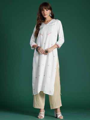 Indo Era Women Embroidered Straight Kurta(White)