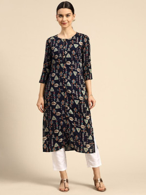 ANOUK Women Printed Straight Kurta(Dark Blue)