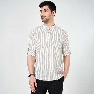 Indus Route by Pantaloons Men Striped Straight Kurta(White)