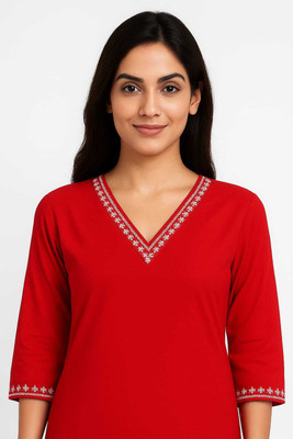 RANGRAIL Women Solid A-line Kurta(Red)