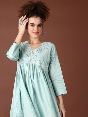 V-MART Women Self Design A-line Kurta(Green)