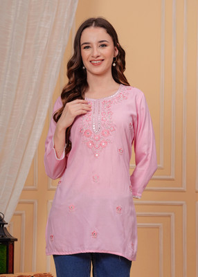 ALEXEY JAY Women Embroidered A-line Kurta(Pink)