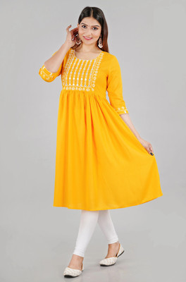 GULJAR FASHION Women Embroidered Flared Kurta(Yellow, White)