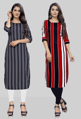 Hiral Creation Women Striped Straight Kurta(Red, Black)