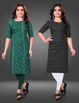 MOBHISA Women Printed Straight Kurta(Black)
