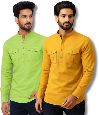 RANGFIT Men Solid Straight Kurta(Light Green, Yellow)