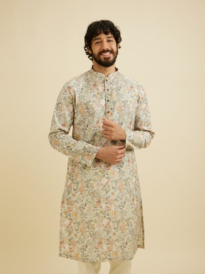 MANYAVAR Men Floral Print Straight Kurta(Beige)