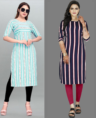 tanvi creation Women Striped Straight Kurta(Light Blue, Purple)