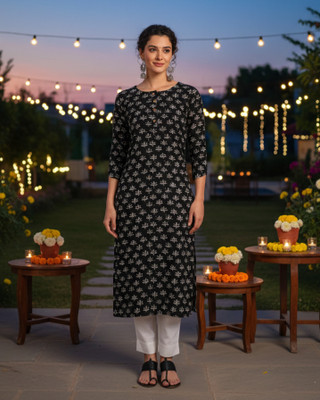 maaesa Women Printed Straight Kurta(Black)