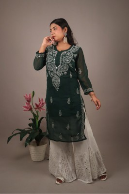 Hahatcloset Women Chikan Embroidery Straight Kurta(Green)