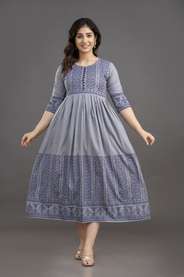 CLOTHING HOUSE Women Printed Flared Kurta(Grey)